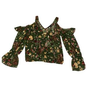 Moa Moa Green Floral Cold Shoulder Blouse
